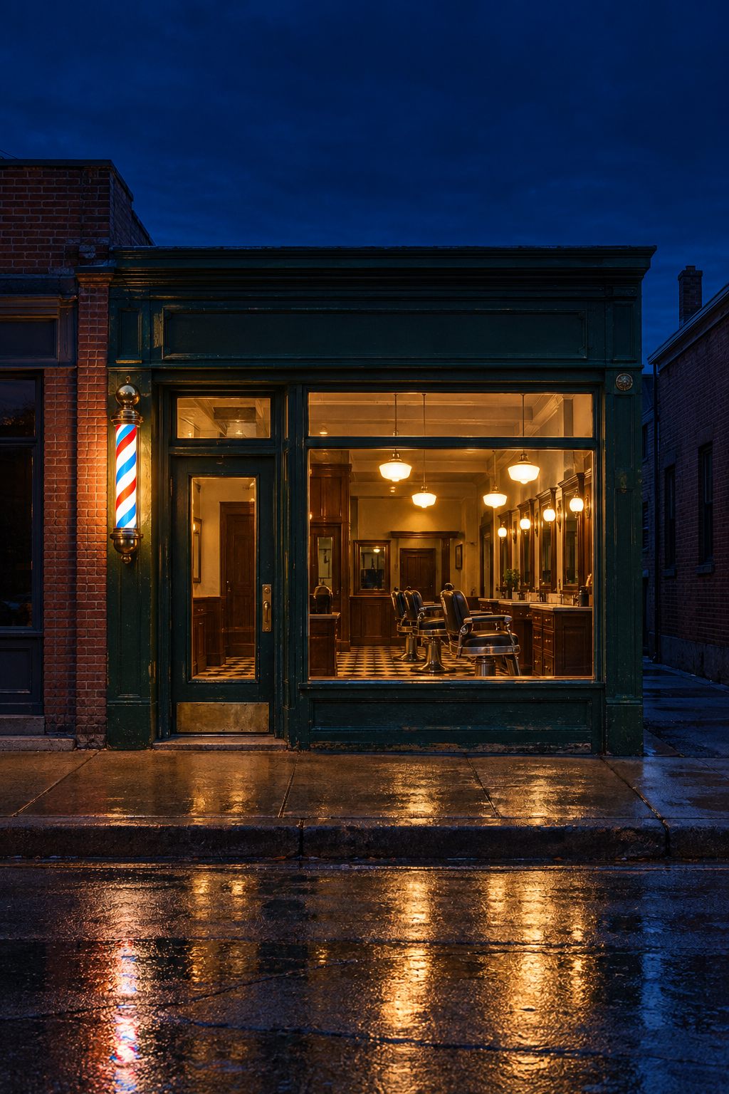 A barber shop lit up at dusk on a small-town street, the striped pole glowing beside the door, the wet sidewalk reflecting the light.