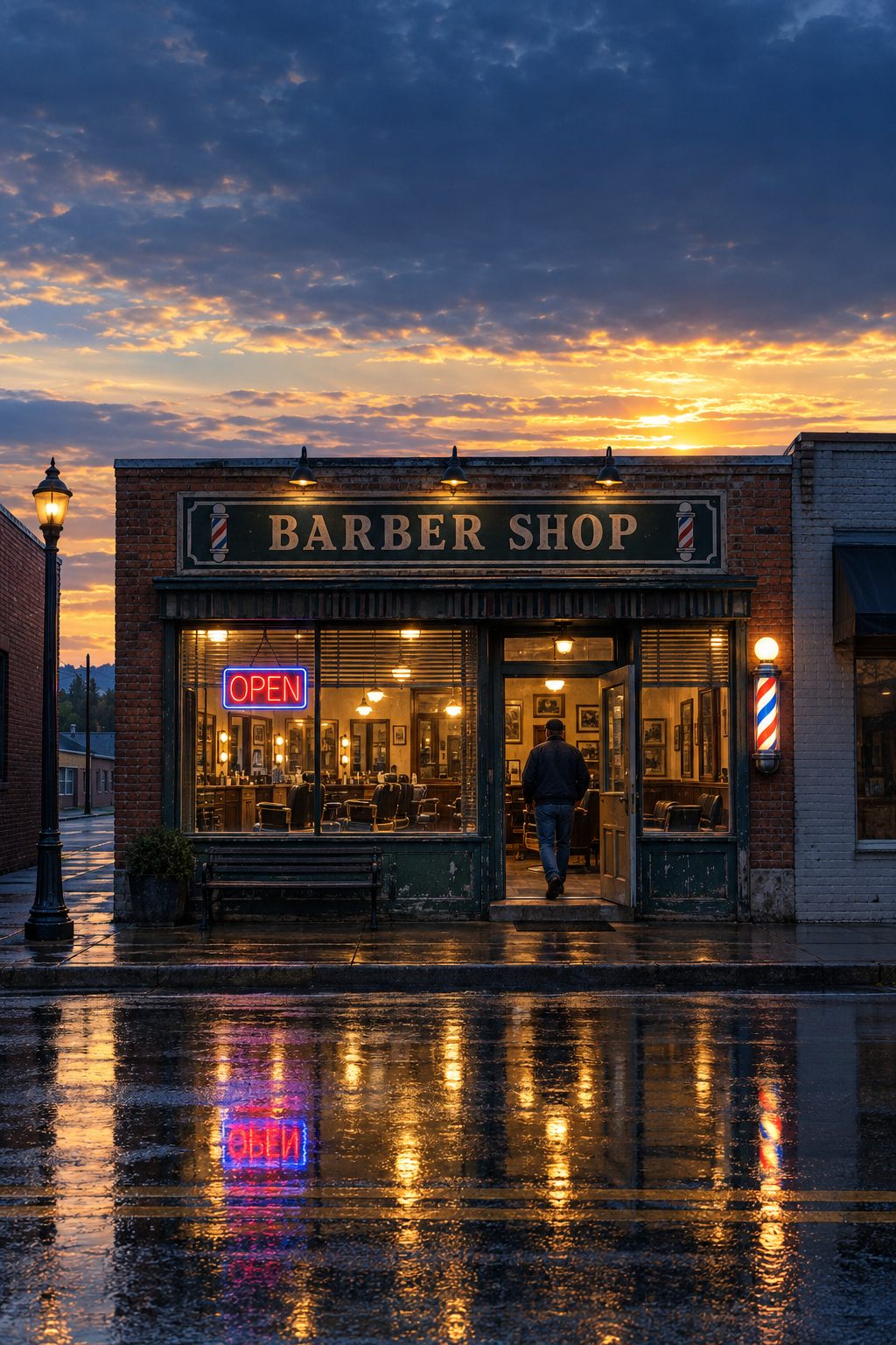 A small-town barber shop at dawn after the rain: the clouds breaking into a band of gold sunrise, the shop lit with its OPEN sign on, and a customer walking in through the open door, the sign reflected in the wet street.